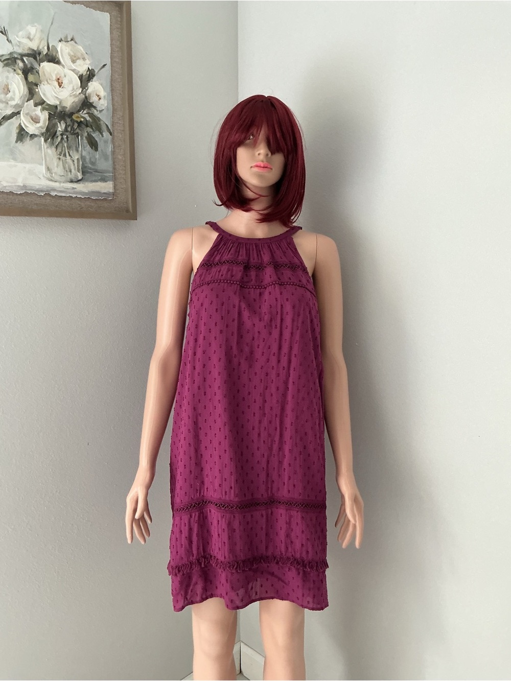 LOFT Magenta Sleeveless Shift Dress with Textured Dot Detail S